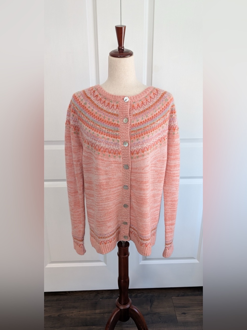 Sundance Women’s Fair Isle Pink Cardigan Wool Blend Size Large
